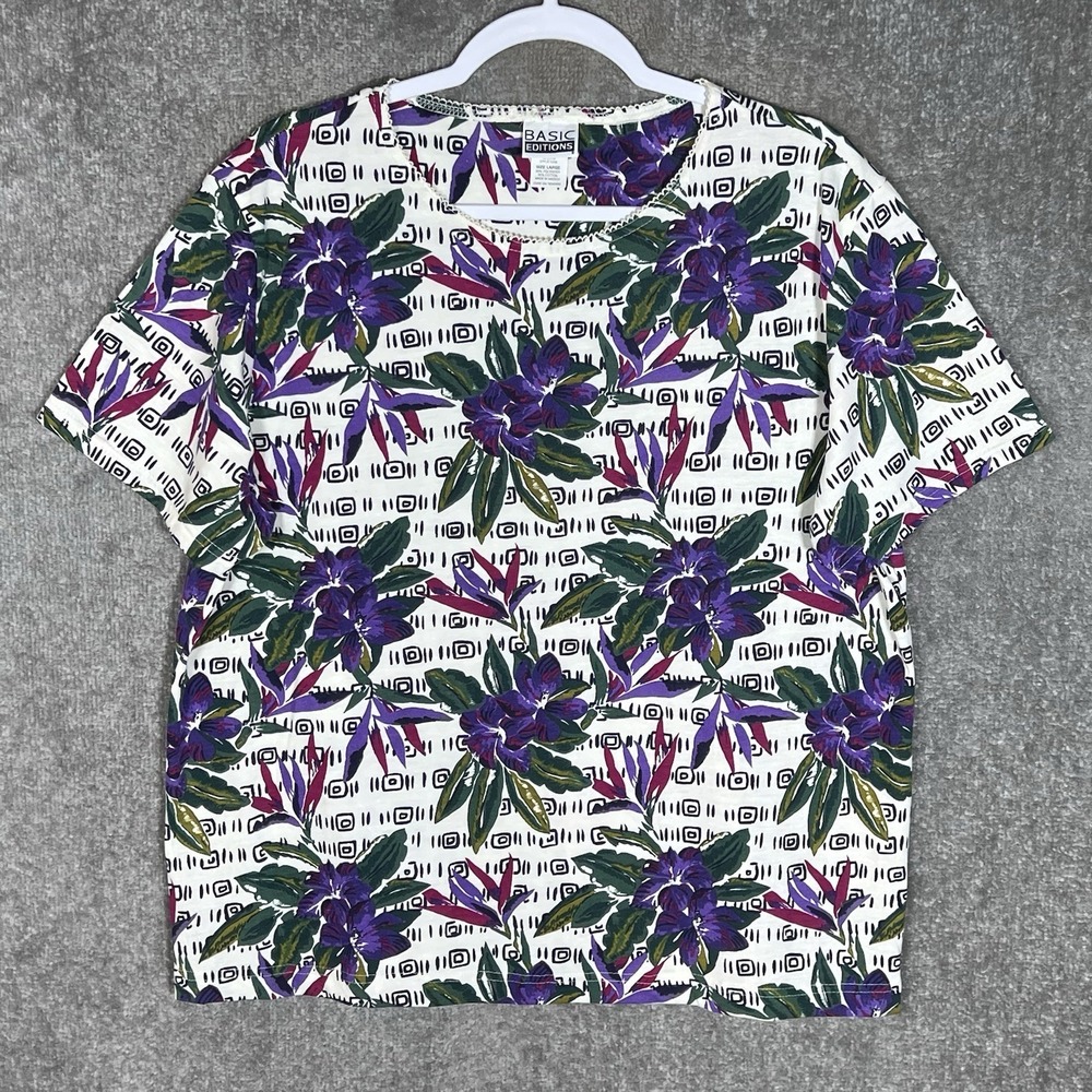Basic Editions Top Womens Size Large Purple Green Floral Tropical Vintage Shirt